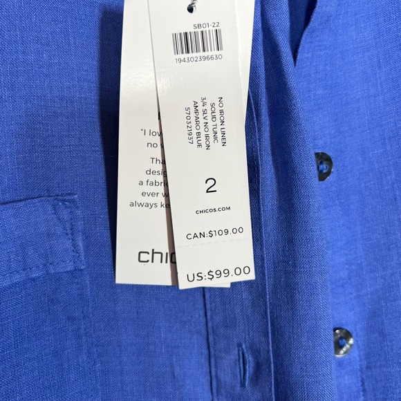 NEW‎ Chico's No-Iron Linen Button Up Top Size L (2)  Blue Lagenlook Quiet Luxury - Picture 5 of 13